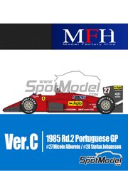Model Factory Hiro: Car scale model kit 1/12 scale - Ferrari 156/85 Scuderia Ferrari Team sponsored by Fiat Agip #27, 28 - Michele Alboreto (IT), Stefan Johansson (SE) - Portuguese Formula 1 Grand Prix 1985 - metal parts, photo-etched parts, resin parts, rubber parts, seatbelt fabric, turned metal parts, vacuum formed parts, water slide decals, white metal parts, assembly instructions and painting instructions image