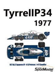 Model Factory Hiro: Car scale model kit 1/12 scale - Tyrrell Ford P34 Tyrrell Racing Team sponsored by ELF #3, 4 - Ronnie Peterson (SE), Patrick Depailler (FR) - Austrian Formula 1 Grand Prix, Dutch Formula 1 Grand Prix, Italian Formula 1 Grand Prix, Japanese Formula 1 Grand Prix 1977 - metal parts, photo-etched parts, resin parts, rubber parts, seatbelt fabric, vacuum formed parts, water slide decals, white metal parts, other materials and assembly instructions image