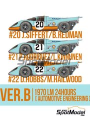 Model Factory Hiro: Car scale model kit 1/43 scale - Porsche 917K John Wyer Automotive Engineering Team sponsored by Gulf #20, 21, 22 - Joseph 'Jo' Siffert (CH) + Brian Redman (GB), Pedro Rodriguez (MX) + Leo Kinnunen (FI), David Hobbs (GB) + Mike Hailwood (GB) - 24 Hours Le Mans 1970 - photo-etched parts, resin parts, rubber parts, turned metal parts, vacuum formed parts, water slide decals, white metal parts, other materials and assembly instructions image