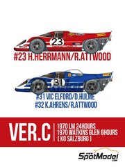 Model Factory Hiro: Car scale model kit 1/43 scale - Porsche 917K sponsored by KG Salzburg #23, 31, 32 - Hans Herrmann (DE) + Richard Attwood (GB), Vic Elford (GB) + Denis Clive 'Denny' Hulme (NZ), Kurt Ahrens (DE) - 24 Hours Le Mans, Watkins Glen 6 Hours 1970 - photo-etched parts, resin parts, rubber parts, turned metal parts, vacuum formed parts, water slide decals, white metal parts, other materials, assembly instructions and painting instructions image
