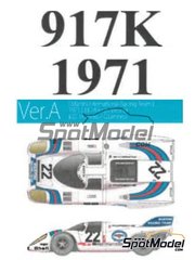 Model Factory Hiro: Car scale model kit 1/43 scale - Porsche 917K Martini International Racing Team #22 - Helmut Marko (AT) + Gijs van Lennep (NL) - 24 Hours Le Mans 1971 - 3D printed parts, photo-etched parts, rubber parts, vacuum formed parts, water slide decals, white metal parts, assembly instructions and painting instructions image