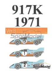 Model Factory Hiro: Car scale model kit 1/43 scale - Porsche 917K John Wyer Automotive Engineering Team sponsored by Gulf #1, 2, 19 - Richard Attwood (GB) + Herbert M&uuml;ller (CH), Joseph 'Jo' Siffert (CH) + Pedro Rodriguez (MX) + Jackie Oliver (GB) - Monza 1000 Kilometres, 24 Hours Le Mans 1971 - 3D printed parts, photo-etched parts, rubber parts, vacuum formed parts, water slide decals, white metal parts, assembly instructions and painting instructions image
