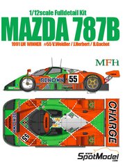 Model Factory Hiro: Car scale model kit 1/12 scale - Mazda 787B Mazdaspeed Team sponsored by Renown #55 - Volker Weidler (DE) + John Paul  "Johnny" Herbert (GB) + Bertrand Gachot (BE) - 24 Hours Le Mans 1991 - photo-etched parts, resin parts, rubber parts, seatbelt fabric, vacuum formed parts, water slide decals, white metal parts, other materials, assembly instructions and painting instructions