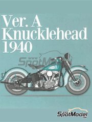 Model Factory Hiro: Motorbike scale model kit 1/9 scale - Harley Davidson Knucklehead 1940 - photo-etched parts, resin parts, rubber parts, turned metal parts, water slide decals, white metal parts, other materials and assembly instructions