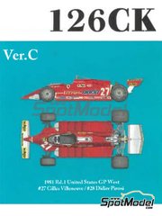 Model Factory Hiro: Car scale model kit 1/12 scale - Ferrari 126CK Scuderia Ferrari Team sponsored by Fiat Agip #27, 28 - Gilles Villeneuve (CA), Didier Pironi (FR) - USA West Long Beach Formula 1 Grand Prix 1981 - CNC metal parts, assembly instructions, metal parts, photo-etched parts, resin parts, rubber parts, seatbelt fabric, turned metal parts, vacuum formed parts, water slide decals, white metal parts and other materials image
