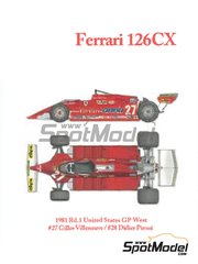 Model Factory Hiro: Car scale model kit 1/12 scale - Ferrari 126CX Scuderia Ferrari Team sponsored by Fiat Agip #27, 28 - Gilles Villeneuve (CA), Didier Pironi (FR) - USA West Long Beach Formula 1 Grand Prix 1981 - CNC metal parts, assembly instructions, metal parts, photo-etched parts, resin parts, rubber parts, seatbelt fabric, turned metal parts, vacuum formed parts, water slide decals, white metal parts and other materials image