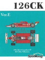 Model Factory Hiro: Car scale model kit 1/12 scale - Ferrari 126CX Scuderia Ferrari Team sponsored by Fiat Agip #27 - Gilles Villeneuve (CA) - Canadian Formula 1 Grand Prix 1981 - CNC metal parts, assembly instructions, metal parts, photo-etched parts, resin parts, rubber parts, seatbelt fabric, turned metal parts, vacuum formed parts, water slide decals, white metal parts and other materials image