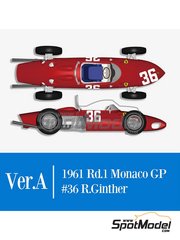Model Factory Hiro: Car scale model kit 1/12 scale - Ferrari 156 F1 Shark Nose #36 - Richie Ginther (US) - Monaco Formula 1 Grand Prix 1961 - photo-etched parts, rubber parts, water slide decals, white metal parts, assembly instructions and painting instructions image