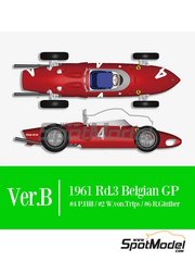 Model Factory Hiro: Car scale model kit 1/12 scale - Ferrari 156 F1 Shark Nose #2, 4, 6 - Phil Hill (US), Wolfgang von Trips (DE), Richie Ginther (US) - Belgian Formula 1 Grand Prix 1961 - photo-etched parts, rubber parts, water slide decals, white metal parts, assembly instructions and painting instructions image