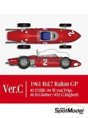 Model Factory Hiro: Car scale model kit 1/12 scale - Ferrari 156 F1 Shark Nose #2, 4, 6, 32 - Phil Hill (US), Wolfgang von Trips (DE), Richie Ginther (US), Giancarlo Baghetti (IT) - Italian Formula 1 Grand Prix 1961 - photo-etched parts, rubber parts, water slide decals, white metal parts, assembly instructions and painting instructions image