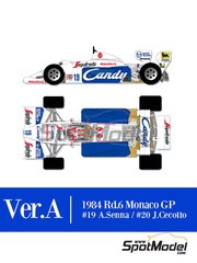 Model Factory Hiro: Car scale model kit 1/12 scale - Toleman Hart TG184 Toleman Motorsport Team sponsored by Candy #19, 20 - Ayrton Senna da Silva (BR), Johnny Cecotto (VE) - Monaco Formula 1 Grand Prix 1984 - photo-etched parts, resin parts, rubber parts, seatbelt fabric, vacuum formed parts, water slide decals, white metal parts, assembly instructions and painting instructions image