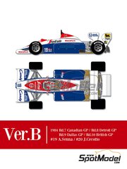 Model Factory Hiro: Car scale model kit 1/12 scale - Toleman Hart TG184 Toleman Motorsport Team sponsored by Candy #19, 20 - Ayrton Senna da Silva (BR), Johnny Cecotto (VE) - Canadian Formula 1 Grand Prix, British Formula 1 Grand Prix, USA Detroit Formula 1 Grand Prix, USA Dallas Grand Prix 1984 - photo-etched parts, resin parts, rubber parts, seatbelt fabric, vacuum formed parts, water slide decals, white metal parts, assembly instructions and painting instructions image