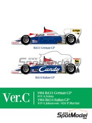 Model Factory Hiro: Car scale model kit 1/12 scale - Toleman Hart TG184 Toleman Motorsport Team sponsored by Candy #19, 20 - Ayrton Senna da Silva (BR), Stefan Johansson (SE), Pierluigi Martini (IT) - German Formula 1 Grand Prix, Italian Formula 1 Grand Prix 1984 - photo-etched parts, resin parts, rubber parts, seatbelt fabric, vacuum formed parts, water slide decals, white metal parts, assembly instructions and painting instructions image
