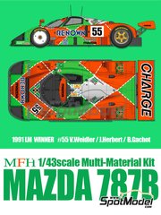 Model Factory Hiro: Car scale model kit 1/43 scale - Mazda 787B Mazdaspeed Team sponsored by Renown #55 - Volker Weidler (DE) + John Paul "Johnny" Herbert (GB) + Bertrand Gachot (BE) - 24 Hours Le Mans 1991 - metal parts, photo-etched parts, resin parts, rubber parts, vacuum formed parts, water slide decals, white metal parts, assembly instructions and painting instructions image