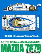 Model Factory Hiro: Car scale model kit 1/43 scale - Mazda 787B Mazdaspeed Team sponsored by NGK Rays #18 - Stefan Johansson (SE) + David Kennedy (IE) + Maurizio Sandro Sala (BR) - 24 Hours Le Mans 1991 - photo-etched parts, resin parts, rubber parts, vacuum formed parts, water slide decals, white metal parts, other materials, assembly instructions and painting instructions image