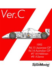 Model Factory Hiro: Car scale model kit 1/12 scale - McLaren Ford MP4/8 McLaren Racing Limited Team sponsored by Marlboro #7, 8 - Mika H&auml;kkinen (FI), Ayrton Senna da Silva (BR) - Australian Formula 1 Grand Prix, Japanese Formula 1 Grand Prix 1993 - 3D printed parts, CNC metal parts, photo-etched parts, resin parts, rubber parts, seatbelt fabric, turned metal parts, water slide decals, white metal parts, other materials, assembly instructions and painting instructions image
