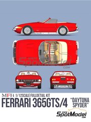 Model Factory Hiro: Car scale model kit 1/12 scale - Ferrari 365 GTS/4 Daytona Spyder - metal parts, resin parts, rubber parts, turned metal parts, vacuum formed parts, water slide decals, white metal parts, assembly instructions and painting instructions image
