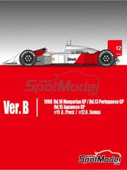 Model Factory Hiro: Car scale model kit 1/20 scale - McLaren Honda MP4/4 McLaren Racing Limited Team sponsored by Marlboro #11, 12 - Alain Prost (FR), Ayrton Senna da Silva (BR) - Hungarian Formula 1 Grand Prix, Japanese Formula 1 Grand Prix, Portuguese Formula 1 Grand Prix 1988 - photo-etched parts, resin parts, seatbelt fabric, vacuum formed parts, water slide decals, white metal parts, assembly instructions and painting instructions