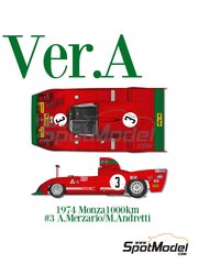 Model Factory Hiro: Car scale model kit 1/12 scale - Alfa Romeo Tipo 33 TT12 Autodelta SPA Team #3 - Arturo Merzario (IT) + Mario Andretti (US) - Monza 1000 Kilometres 1974 - photo-etched parts, resin parts, rubber parts, seatbelt fabric, vacuum formed parts, water slide decals, white metal parts, assembly instructions and painting instructions image