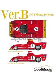 Model Factory Hiro: Car scale model kit 1/12 scale - Alfa Romeo Tipo 33 TT12 Autodelta SPA Team #4, 6 - Jacques Bernard 'Jacky' Ickx (BE) + Rolf Stommelen (DE), Carlo Facetti (IT) + Andrea de Adamich (IT) - Monza 1000 Kilometres 1974 - photo-etched parts, resin parts, seatbelt fabric, vacuum formed parts, water slide decals, white metal parts, assembly instructions and painting instructions image