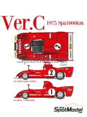 Model Factory Hiro: Car scale model kit 1/12 scale - Alfa Romeo Tipo 33 TT12 Kauhsen Team sponsored by Campari #1, 2 - Jacques Bernard 'Jacky' Ickx (BE) + Arturo Merzario (IT), Henri Pescarolo (FR) + Derek Bell (GB) - SPA Francorchamps 1000 Kms 1975 - photo-etched parts, resin parts, rubber parts, seatbelt fabric, vacuum formed parts, water slide decals, white metal parts, assembly instructions and painting instructions image