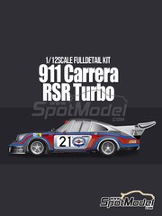 Model Factory Hiro: Car scale model kit 1/12 scale - Porsche 911 Carrera RSR Turbo sponsored by Martini Rossi #21 - Helmuth Koinigg (AT) + Manfred Schurti (LI) - 24 Hours Le Mans 1974 - photo-etched parts, resin parts, seatbelt fabric, vacuum formed parts, water slide decals, white metal parts, assembly instructions and painting instructions image