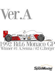 Model Factory Hiro: Car scale model kit 1/12 scale - McLaren Honda MP4/7 McLaren Racing Limited Team sponsored by Marlboro #1, 2 - Ayrton Senna da Silva (BR), Gerhard Berger (AT) - Monaco Formula 1 Grand Prix 1992 - CNC metal parts, photo-etched parts, resin parts, rubber parts, seatbelt fabric, vacuum formed parts, water slide decals, white metal parts, assembly instructions and painting instructions image