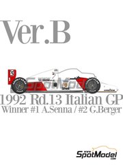 Model Factory Hiro: Car scale model kit 1/12 scale - McLaren Honda MP4/7 McLaren Racing Limited Team sponsored by Marlboro #1, 2 - Ayrton Senna da Silva (BR), Gerhard Berger (AT) - Italian Formula 1 Grand Prix 1992 - CNC metal parts, photo-etched parts, resin parts, rubber parts, seatbelt fabric, vacuum formed parts, water slide decals, white metal parts, assembly instructions and painting instructions image