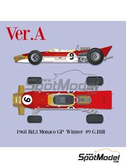 Model Factory Hiro: Car scale model kit 1/12 scale - Lotus Ford Type 49B Lotus Team sponsored by Gold Leaf #9 - Graham Hill (GB) - Monaco Formula 1 Grand Prix 1968 - CNC metal parts, metal parts, photo-etched parts, resin parts, rubber parts, seatbelt fabric, turned metal parts, vacuum formed parts, water slide decals, white metal parts, other materials, assembly instructions and painting instructions
