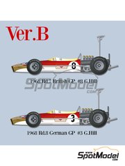 Model Factory Hiro: Car scale model kit 1/12 scale - Lotus Ford Type 49B Lotus Team sponsored by Gold Leaf #3, 8 - Graham Hill (GB) - German Formula 1 Grand Prix, British Formula 1 Grand Prix 1968 - CNC metal parts, metal parts, photo-etched parts, resin parts, rubber parts, seatbelt fabric, turned metal parts, vacuum formed parts, water slide decals, white metal parts, other materials, assembly instructions and painting instructions image