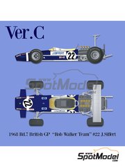 Model Factory Hiro: Car scale model kit 1/12 scale - Lotus Ford Type 49B Rob Walker Racing Team #22 - Joseph 'Jo' Siffert (CH) - British Formula 1 Grand Prix 1968 - CNC metal parts, metal parts, photo-etched parts, resin parts, rubber parts, seatbelt fabric, turned metal parts, vacuum formed parts, water slide decals, white metal parts, other materials, assembly instructions and painting instructions image