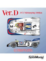 Model Factory Hiro: Car scale model kit 1/12 scale - Porsche 908/3 Martini International Racing Team #3 - Vic Elford (GB) + G�rard Larrousse (FR) - N�rburgring 1000 Kilometres 1971 - CNC metal parts, metal parts, photo-etched parts, resin parts, rubber parts, seatbelt fabric, turned metal parts, vacuum formed parts, water slide decals, white metal parts, other materials, assembly instructions and painting instructions