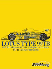 Model Factory Hiro: Car scale model kit 1/20 scale - Lotus Honda Type 99TB Lotus Team sponsored by DeLonghi #11, 12 - Satoru Nakajima (JP), Ayrton Senna da Silva (BR) - Japanese Formula 1 Grand Prix 1987 - photo-etched parts, resin parts, rubber parts, turned metal parts, vacuum formed parts, water slide decals, white metal parts, assembly instructions and painting instructions