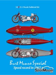 Model Factory Hiro: Motorbike scale model kit 1/9 scale - Indian Burt Munro Special - Burt Munro (NZ) - Speed record 1962 - metal parts, photo-etched parts, resin parts, rubber parts, turned metal parts, vacuum formed parts, water slide decals, white metal parts, other materials, assembly instructions and painting instructions