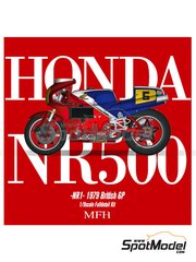 Model Factory Hiro: Motorbike scale model kit 1/9 scale - Honda NR500 NR1 Honda Racing Corporation Team #2, 5 - Takazumi Katayama (JP), Mick Grant (GB) - Great Britain Motorcycle Grand Prix 1979 - metal parts, photo-etched parts, resin parts, rubber parts, turned metal parts, vacuum formed parts, water slide decals, white metal parts, other materials, assembly instructions and painting instructions