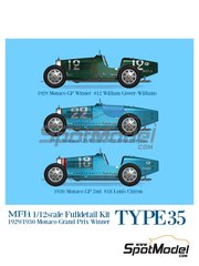 Model Factory Hiro: Car scale model kit 1/12 scale - Bugatti Type 35 #12, 22, 18 - William Grover-Williams (FR), René Dreyfus (FR), Louis Chiron (FR) - Monaco Grand Prix 1929 and 1930 - CNC metal parts, metal parts, photo-etched parts, resin parts, rubber parts, turned metal parts, water slide decals, white metal parts, other materials, assembly instructions and painting instructions image