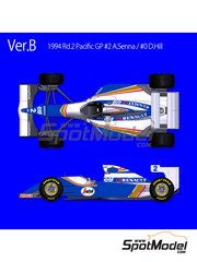 Model Factory Hiro: Car scale model kit 1/20 scale - Williams Renault FW16 Williams Grand Prix Engineering Team sponsored by Rothmans #0, 2 - Damon Hill (GB), Ayrton Senna da Silva (BR) - Pacific Formula 1 Grand Prix 1994 - photo-etched parts, resin parts, rubber parts, turned metal parts, vacuum formed parts, water slide decals, white metal parts, assembly instructions and painting instructions image