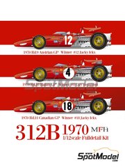 Model Factory Hiro: Car scale model kit 1/12 scale - Ferrari 312B #4, 12, 18 - Jacques Bernard 'Jacky' Ickx (BE), Clay Regazzoni (CH) - Australian Formula 1 Grand Prix, Canadian Formula 1 Grand Prix, Italian Formula 1 Grand Prix 1970 - CNC metal parts, metal parts, photo-etched parts, resin parts, rubber parts, seatbelt fabric, turned metal parts, vacuum formed parts, water slide decals, white metal parts, other materials, assembly instructions and painting instructions