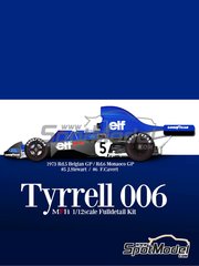 Model Factory Hiro: Car scale model kit 1/12 scale - Tyrrell Ford 006 Tyrrell Racing Team Team sponsored by ELF #5, 6 - Sir John Young 'Jackie' Stewart (GB), Francois Cevert (FR) - Belgian Formula 1 Grand Prix, Monaco Formula 1 Grand Prix 1973 - metal parts, photo-etched parts, resin parts, rubber parts, seatbelt fabric, turned metal parts, vacuum formed parts, water slide decals, white metal parts, assembly instructions and painting instructions