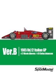 Model Factory Hiro: Car scale model kit 1/43 scale - Ferrari 156/85 Scuderia Ferrari Team sponsored by Fiat Agip #27, 28 - Michele Alboreto (IT), Stefan Johansson (SE) - Italian Formula 1 Grand Prix 1985 - photo-etched parts, vacuum formed parts, water slide decals, white metal parts and assembly instructions image