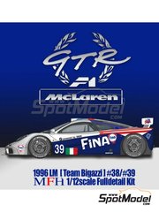 Model Factory Hiro: Car scale model kit 1/12 scale - Mclaren F1 GTR Bigazzi Team sponsored by Fina #38, 39 - Marc Duez (BE) + Steve Soper (GB) + Jacques Laffite (FR), Johnny Cecotto (VE) + Danny Sullivan (US) + Nelson Piquet (BR) - 24 Hours Le Mans 1996 - metal parts, photo-etched parts, resin parts, rubber parts, seatbelt fabric, turned metal parts, vacuum formed parts, water slide decals, white metal parts, assembly instructions and painting instructions image
