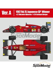 Model Factory Hiro: Car scale model kit 1/43 scale - Ferrari F187 Scuderia Ferrari Team sponsored by Fiat #27,28 - Michele Alboreto (IT), Gerhard Berger (AT) - Japanese Formula 1 Grand Prix 1987 - photo-etched parts, turned metal parts, vacuum formed parts, water slide decals, white metal parts, assembly instructions and painting instructions image