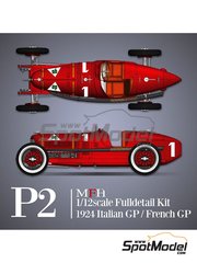 Model Factory Hiro: Car scale model kit 1/12 scale - Alfa Romeo P2 #1, 10 - Antonio Ascari (IT), Giuseppe Camparti (IT) - Italian Grand Prix, French Grand Prix 1924 - metal parts, photo-etched parts, resin parts, rubber parts, turned metal parts, vacuum formed parts, water slide decals, white metal parts, assembly instructions and painting instructions