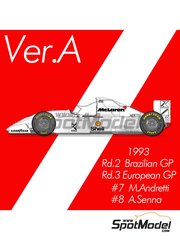 Model Factory Hiro: Car scale model kit 1/43 scale - McLaren Ford MP4/8 McLaren Racing Limited Team sponsored by Shell #7, 8 - Michael Andretti (US), Ayrton Senna da Silva (BR) - Brazilian Formula 1 Grand Prix, European Formula 1 Grand Prix 1993 - photo-etched parts, rubber parts, turned metal parts, vacuum formed parts, water slide decals, white metal parts, other materials, assembly instructions, painting instructions and tobacco sponsor decals image