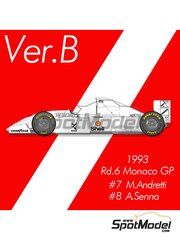 Model Factory Hiro: Car scale model kit 1/43 scale - McLaren Ford MP4/8 McLaren Racing Limited Team sponsored by Shell #7, 8 - Ayrton Senna da Silva (BR), Michael Andretti (US) - Monaco Formula 1 Grand Prix 1993 - photo-etched parts, resin parts, rubber parts, turned metal parts, water slide decals, white metal parts, other materials, assembly instructions, painting instructions and tobacco sponsor decals image