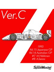 Model Factory Hiro: Car scale model kit 1/43 scale - McLaren Ford MP4/8 McLaren Racing Limited Team sponsored by Marlboro #7, 8 - Mika H&auml;kkinen (FI), Ayrton Senna da Silva (BR) - Australian Formula 1 Grand Prix, Japanese Formula 1 Grand Prix 1993 - metal parts, photo-etched parts, rubber parts, turned metal parts, vacuum formed parts, water slide decals, white metal parts, assembly instructions, painting instructions and tobacco sponsor decals image