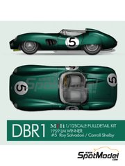 Model Factory Hiro: Model car kit 1/12 scale - Aston Martin DBR1 #4,5,6 - Roy Salvadori (GB) + Carroll Shelby (US), Stirling Moss (GB) - 24 Hours Le Mans 1959 - metal parts, photo-etched parts, resin parts, rubber parts, turned metal parts, vacuum formed parts, water slide decals, white metal parts, assembly instructions and painting instructions
