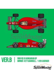 Model Factory Hiro: Car scale model kit 1/43 scale - Ferrari F1/89 640 Scuderia Ferrari Team sponsored by Fiat #27, 28 - Nigel Ernest James Mansell (GB), Gerhard Berger (AT) - Hungarian Formula 1 Grand Prix 1989 - metal parts, photo-etched parts, rubber parts, turned metal parts, vacuum formed parts, water slide decals, white metal parts, assembly instructions, painting instructions and tobacco sponsor decals image