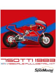 Model Factory Hiro: Motorbike scale model kit 1/9 scale - Ducati 750 TT1 sponsored by Carello 1983 - CNC metal parts, metal parts, photo-etched parts, resin parts, rubber parts, turned metal parts, vacuum formed parts, water slide decals, white metal parts, other materials, assembly instructions and painting instructions