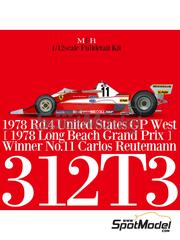 Model Factory Hiro: Car scale model kit 1/12 scale - Ferrari 312T3 Scuderia Ferrari Team #12, 11 - Gilles Villeneuve (CA), Carlos Reutemann (AR) - USA West Long Beach Formula 1 Grand Prix 1978 - CNC metal parts, metal parts, photo-etched parts, resin parts, rubber parts, seatbelt fabric, turned metal parts, vacuum formed parts, water slide decals, white metal parts, other materials, assembly instructions and painting instructions